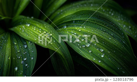 Close Up Of Dew Drops On Lush Green Leaves 128018796