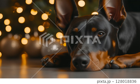 A Doberman relaxing near a beautifully decorated Christmas tree with glowing lights and ornaments A Doberman relaxing near a beautifully decorated Christmas tree with glowing lights and ornaments 128018836