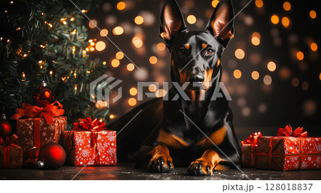 A Doberman relaxing beside a beautifully decorated Christmas tree during the holiday season 128018837