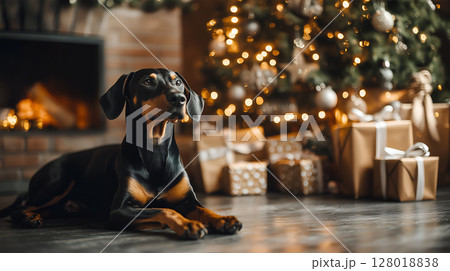 A Doberman relaxes beside a beautifully decorated Christmas tree with presents in a cozy setting 128018838