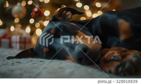 A sleeping Doberman rests peacefully by a beautifully decorated Christmas tree with warm lights 128018839