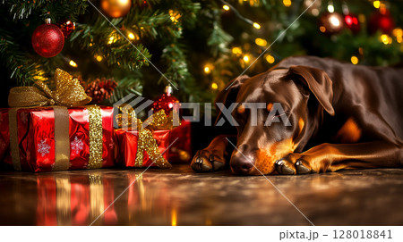 A doberman resting beside a beautifully decorated Christmas tree with presents and lights 128018841