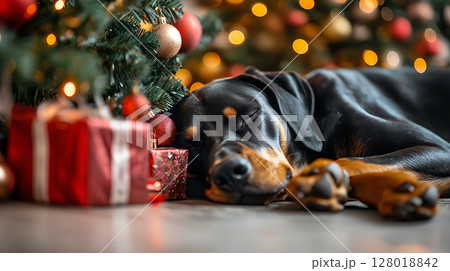 A sleeping Doberman rests near the Christmas tree decorated with lights and gifts 128018842