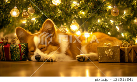 Happy dog resting under a beautifully decorated Christmas tree with sparkling lights and gifts 128018843