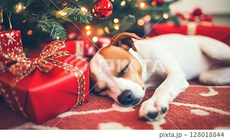 A cozy dog sleeping beside a beautifully decorated Christmas tree and presents 128018844