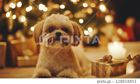 A small dog lies peacefully by a beautifully decorated Christmas tree surrounded by gifts 128018851