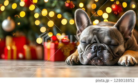 A French Bulldog resting peacefully by a beautifully decorated Christmas tree 128018852