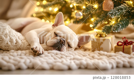 A French Bulldog peacefully sleeping by a decorated Christmas tree with gifts nearby 128018853