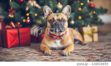 French Bulldog relaxing by the Christmas tree with festive decorations and wrapped gifts French Bulldog relaxing by the Christmas tree with festive decorations and wrapped gifts 128018859