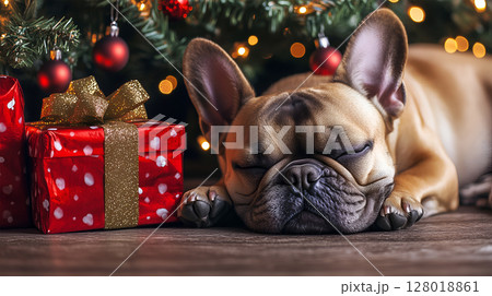 A French Bulldog peacefully rests beside decorated Christmas tree and colorful gifts A French Bulldog peacefully rests beside decorated Christmas tree and colorful gifts 128018861