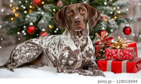 German Shorthaired Pointer relaxing by the Christmas tree with colorful decorations and presents 128018894