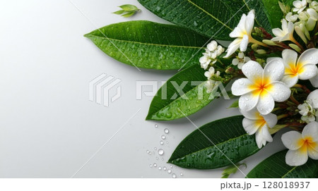 White Plumeria Flowers and Green Leaves on White Background White Plumeria Flowers and Green Leaves on White Background 128018937