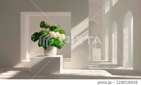 White Hydrangea and Monstera Plant Arrangement in Minimalist White Interior White Hydrangea and Monstera Plant Arrangement in Minimalist White Interior 128018938