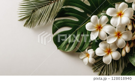 White Plumeria Flowers and Lush Green Tropical Leaves on Beige Background 128018940