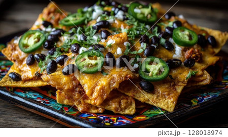 Close Up of Nachos with Cheese Jalapenos and Black Beans 128018974