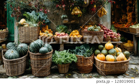 Autumn Harvest: Colorful Vegetables and Pumpkins in Rustic Baskets Autumn Harvest: Colorful Vegetables and Pumpkins in Rustic Baskets 128019001