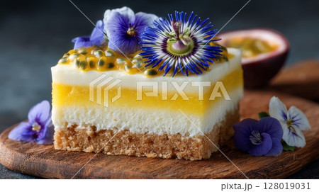 Layered Passion Fruit and Lemon Cream Cheese Cake with Violets 128019031