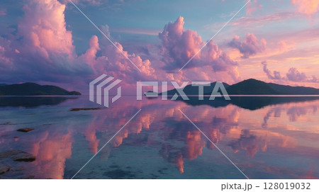 Pink and Purple Sunset over Tropical Islands with Water Reflection Pink and Purple Sunset over Tropical Islands with Water Reflection 128019032