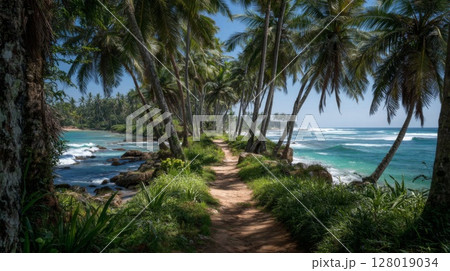 Coastal Path Through Lush Palm Trees Leading to a Turquoise Ocean Coastal Path Through Lush Palm Trees Leading to a Turquoise Ocean 128019034