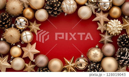 Elegant Christmas background with ornaments and pinecones framing blank space for your message 128019043