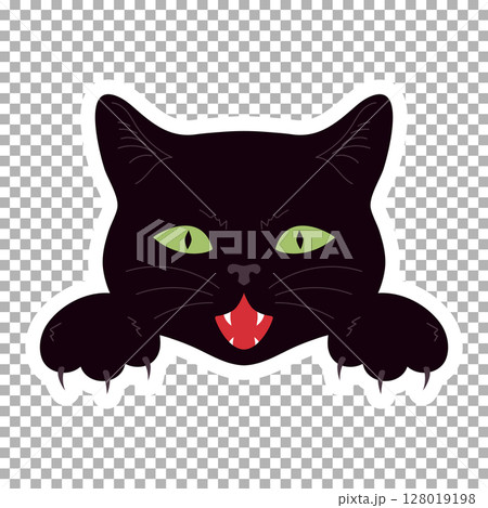 Attacking black cat face with fangs and sharp claws. Vampire cat sticker. Vector illustration 128019198