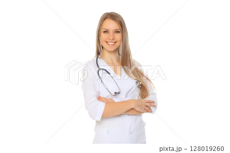 Happy friendly smiling young woman doctor with stethoscope posing on white background Happy friendly smiling young woman doctor with stethoscope posing on white background 128019260
