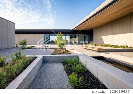 A lovely house that features a concrete walkway leading up to it. AI-generated content. 128019427