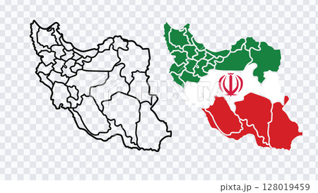 Map of Iran outline with national flag fill and colored province borders. 128019459