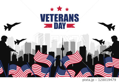Veterans day poster. Veteran's day illustration with american flag and building silhouette, 11th November, Vector illustration 128019479