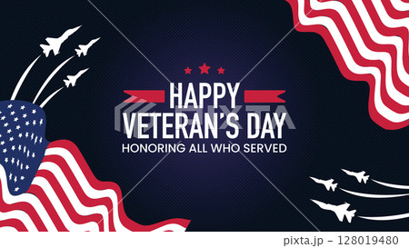 US Veterans Day background. Happy Veterans Day celebration with American flags on blue halftone background. 128019480