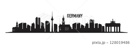 German architecture landmarks in black silhouette. Includes Berlin landmarks, historical cathedrals, towers, and other iconic buildings. 128019486