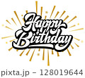 Handwritten Happy Birthday lettering with black and white bold text and golden starburst rays for celebration greeting design 128019644