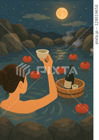 りんごが浮かぶ露天風呂 月夜に乾杯 Generative AI 128019658