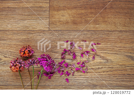 Dried Colorful Flowers and Petals on Wooden Floor Surface 128019772