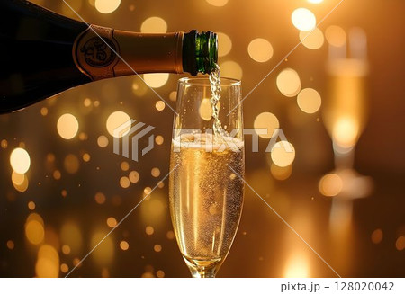 Effervescent Joy A Bottle of Champagne Poured Into a Flute, Bathed in Glimmering Light 128020042