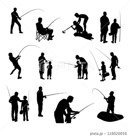 Fishing silhouette, Fishing man silhouette set, Fishing man vector -V01 128020058