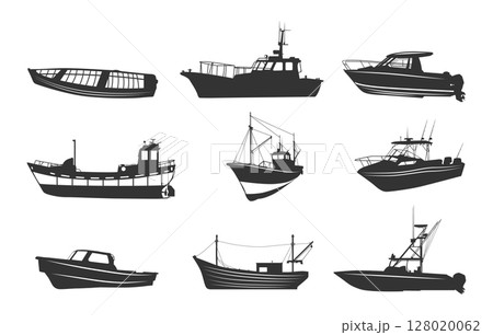 Fishing boat silhouette, Bass boat svg, Boat silhouette, Fishing boat svg, Bass boat silhouette, Fishing boat vector set. Fishing boat silhouette, Bass boat svg, Boat silhouette, Fishing boat svg, Bass boat silhouette, Fishing boat vector set. 128020062
