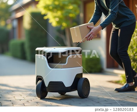 宅配ロボットから荷物を受け取る人 宅配ロボットから荷物を受け取る人 128020183