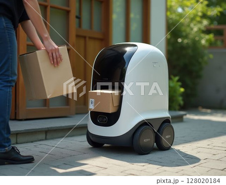 宅配ロボットから荷物を受け取る人 宅配ロボットから荷物を受け取る人 128020184