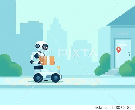 宅配ロボットが荷物を届けるイメージ 宅配ロボットが荷物を届けるイメージ 128020189