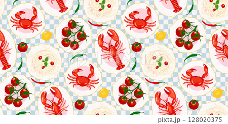 Seamless pattern lobsters, crabs, spaghetti, tomatoes, and peppers on a blue checkered background. Illustration food themed decorative design. Mediterranean summer vacation food creative wallpaper Seamless pattern lobsters, crabs, spaghetti, tomatoes, and peppers on a blue checkered background. Illustration food themed decorative design. Mediterranean summer vacation food creative wallpaper 128020375