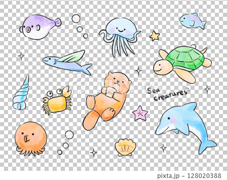 色彩繽紛的水彩海洋生物套裝 | 可愛的夏日人物素材 128020388