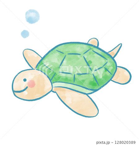 水彩タッチの海の生き物カメ｜可愛い夏のキャラクター素材 128020389