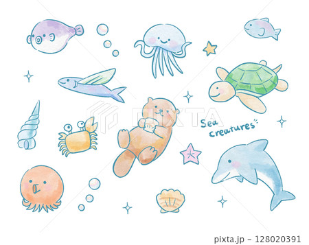 淡い水彩タッチの海の生き物セット｜可愛い夏のキャラクター素材 128020391