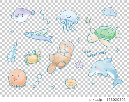 一組帶有淡淡水彩畫風格的海洋生物 | 可愛的夏日人物素材 128020391
