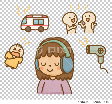 一位聽力受損的女孩在吵雜的環境中戴著耳罩，看起來很輕鬆 128020410