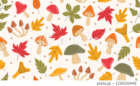 Cute autumn seamless pattern with leaf, mushroom and tiny dot in messy order, cartoon flat style. Cute autumn seamless pattern with leaf, mushroom and tiny dot in messy order, cartoon flat style. 128020448