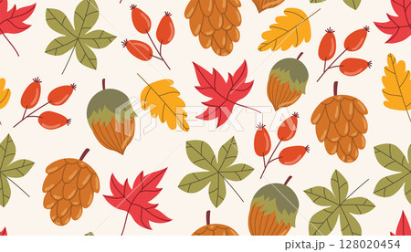 Cute autumn seamless pattern with leaf, rosehip berry, cone, and acorn in cartoon flat style. 128020454