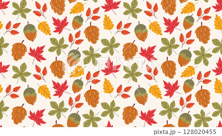Seamless cartoon flat style pattern with autumn leaf, rosehip, cone, and acorn. 128020455