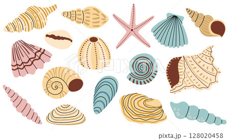 Collection of seashell and starfish in pastel color palette, cartoon flat style. Collection of seashell and starfish in pastel color palette, cartoon flat style. 128020458